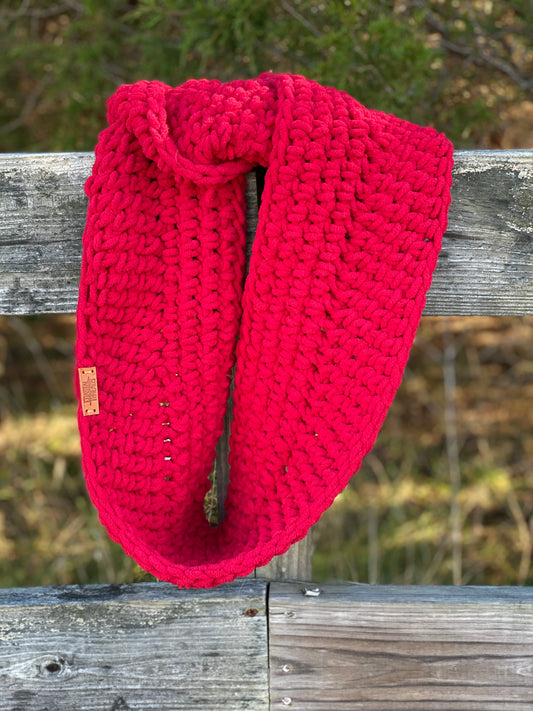 Handmade chenille style infinity scarf- red