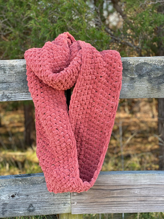 Handmade chenille style infinity scarf- burnt rust