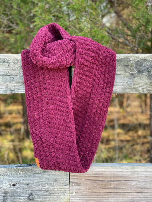 Handmade chenille style infinity scarf- burgundy