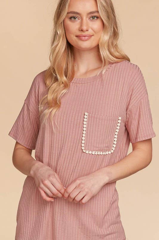 Rib Knit Top With Lace Edge Pocket