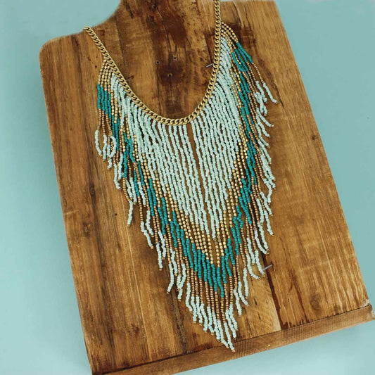 Gold & Mint Beaded Fringe Bib Necklace