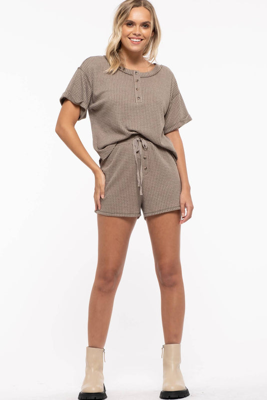 Waffle Button Up Top-Light Olive